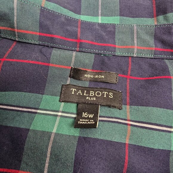 Talbots Tunic Shirt Womens 16W Green Blue Tartan Plaid Sparkle Buttons Preppy - Picture 10 of 15